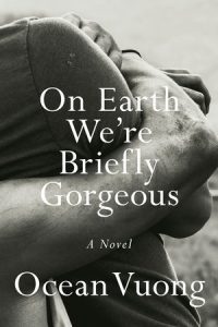 Cover Art for "On Earth We're Briefly Gorgeous" Black and white photo of arms wrapped around knees in sitting position